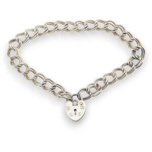 Vintage Sterling Silver Heart Padlock Bracelet Double Curb Link 6.25 Inch